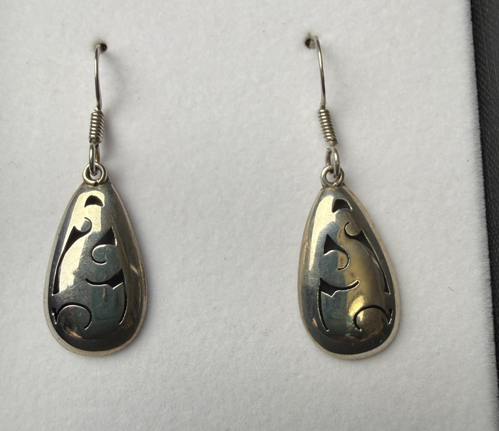 Vtg Taxco Mexico Sterling Silver Shadowbox Teardrop Dangle Earrings Artisan